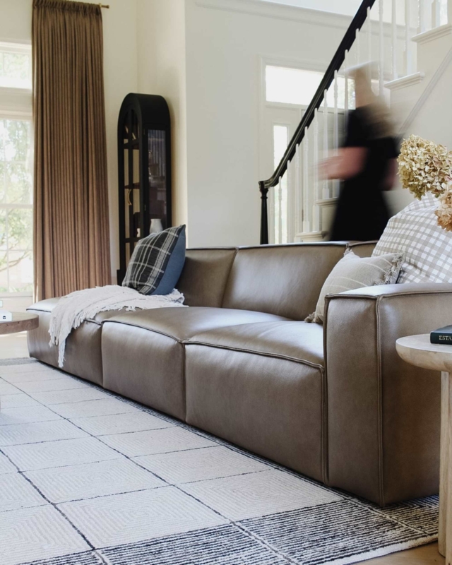Sectional Sofa with Chaise, Cognac Leather-Like, Geometric Wall Paneling