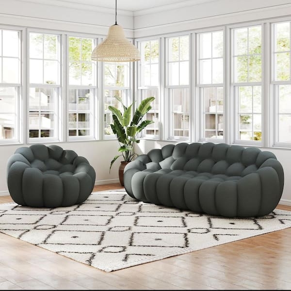 Sectional Sofa with Gray Bubble Tufting and Modern Mesh Fabric