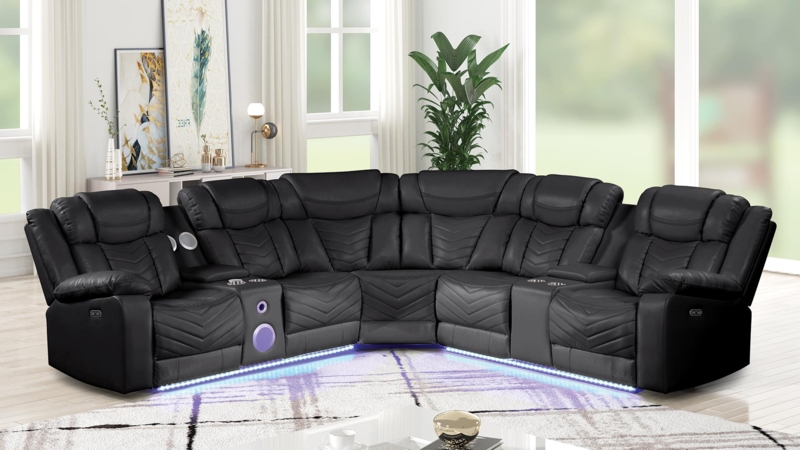 Sectional Sofa with LED Underglow, Power Recliner & Speakers