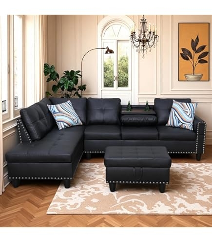 Sectional Sofa with Nailhead Trim and Cup Holder Console in Black