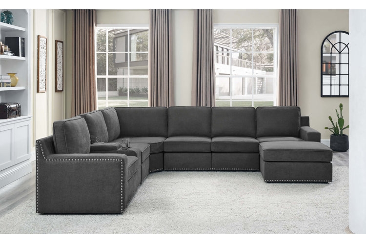 Sectional Sofa with Nailhead Trim and Integrated Console