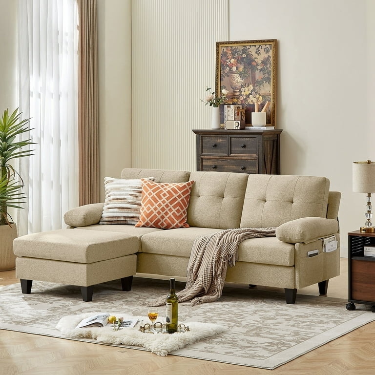 Sectional Sofa with Ottoman Linen-Like Tufted Back Side Pockets