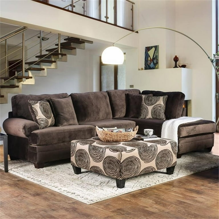 Sectional Sofa with Patterned Ottoman, Rolled Arms, Transitional Style