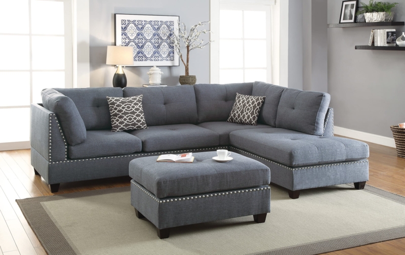 Sectional Sofa With Silver Nailhead Trim And Tufted Ottoman