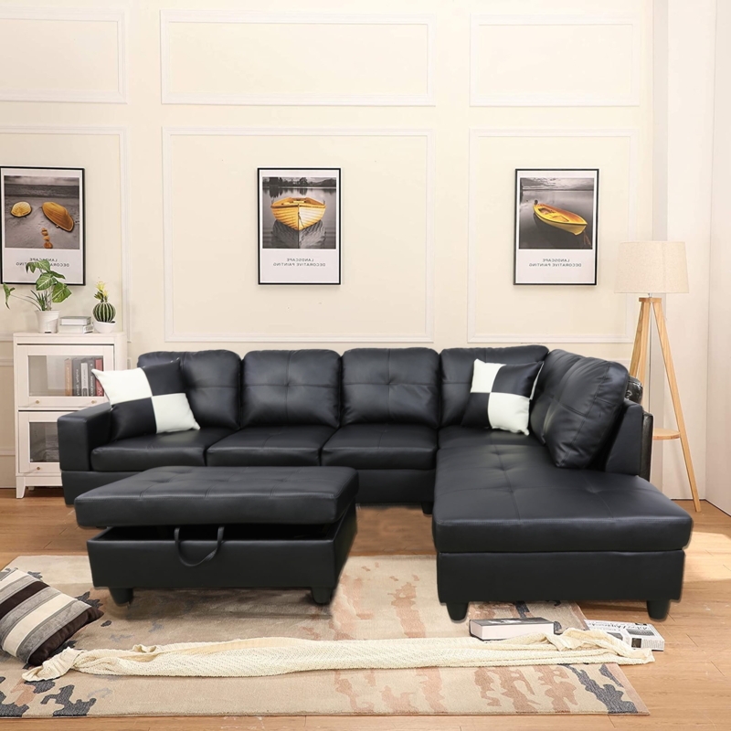 Sectional Sofa with Storage Ottoman, Black Faux Leather L-Shaped Couch
