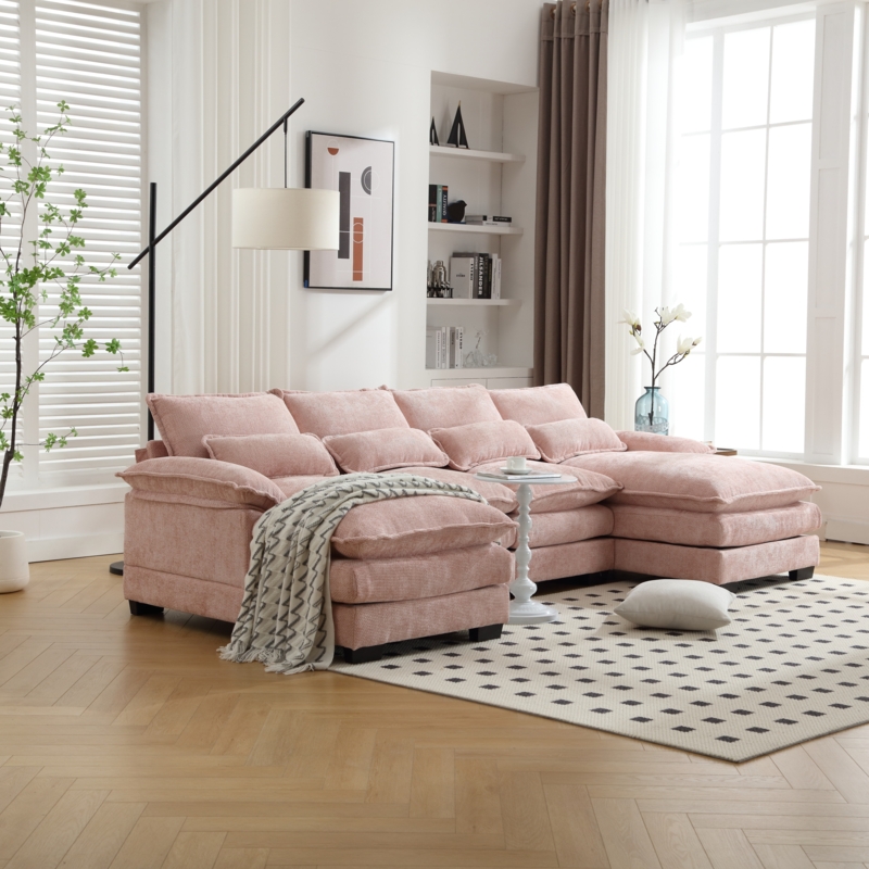Sectional Sofa with Wide Chaise and Overstuffed Silhouette in Dusty Pink