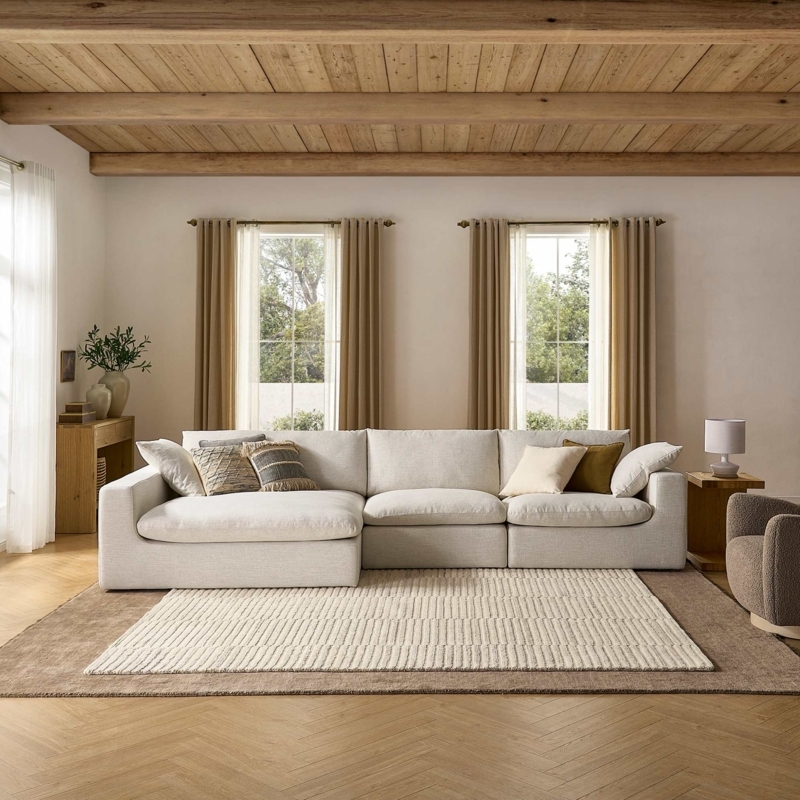 Sectional Sofa with Wide Chaise Low Profile Linen Coastal Living Room