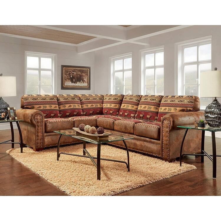 Sectional Sofa with Wildlife Pattern Cushions and Nailhead Trim
