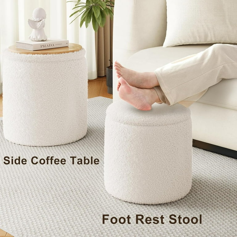Set of 2 Boucle Storage Ottomans with Flat Wood Toned Lids