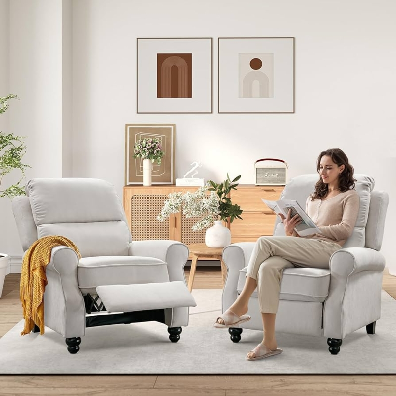 Set of 2 Off-White Fabric Pushback Recliners with Rolled Arms