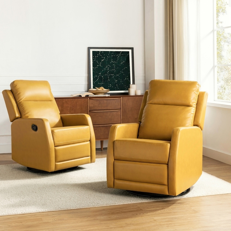 Set of 2 Swivel Recliners in Yellow Leather-Like with Manual Lever