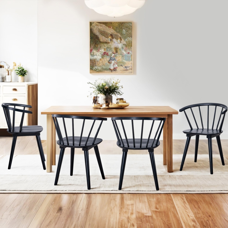 Set of 4 Black Windsor Spindle Back Dining Chairs with Arms
