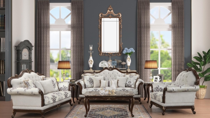 Set Traditional Living Room Ivory Damask Ornate Carved Wood