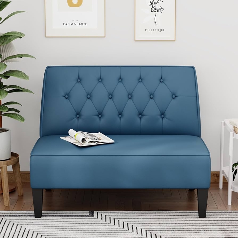 Settee Blue Faux Leather Diamond Tufted Upholstery Tapered Legs Modern