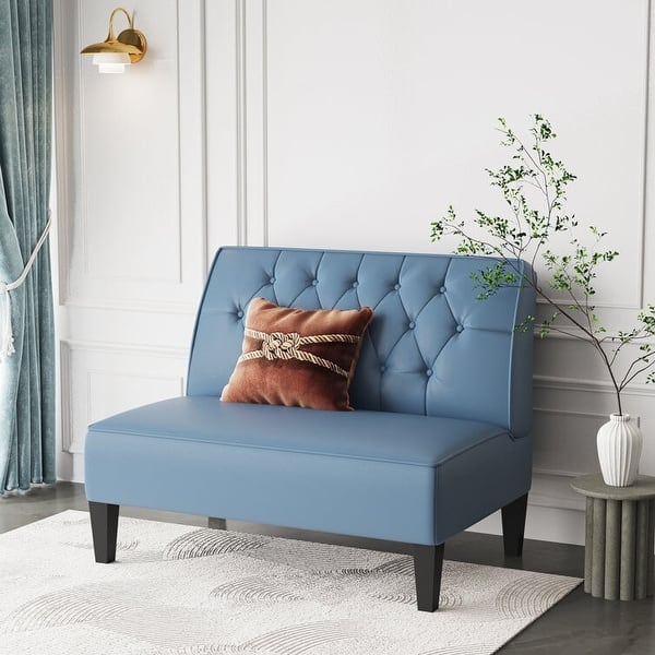 Settee Diamond Button Tufted in Slate Blue Linen-Like Fabric Black Legs