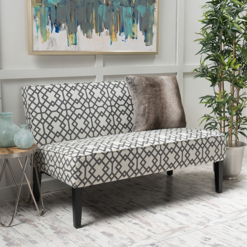 Settee Fretwork Design Geometric Pattern, Grey Armless, Transitional Style.
