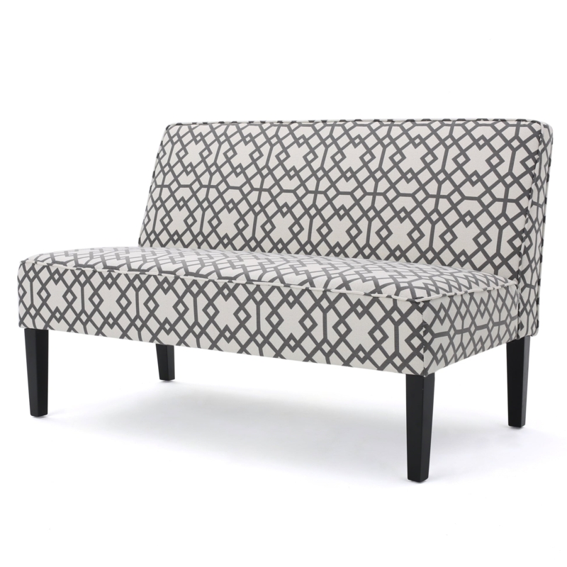 Settee Geometric Pattern Trellis Design, Grey Armless, Transitional Style.