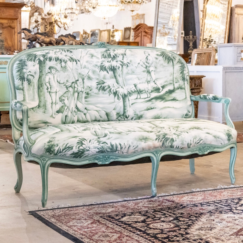 Settee Mint Green Pastoral Toile French Provincial Loveseat