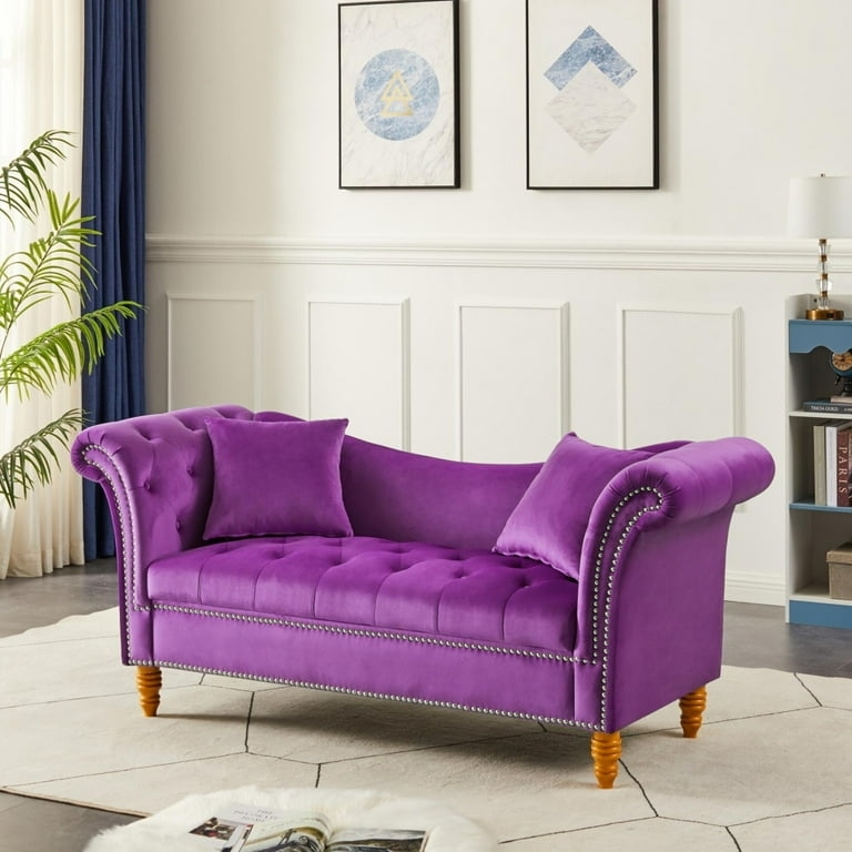 Settee Purple Velvet Button Tufting Nailhead Trim Rolled Arms