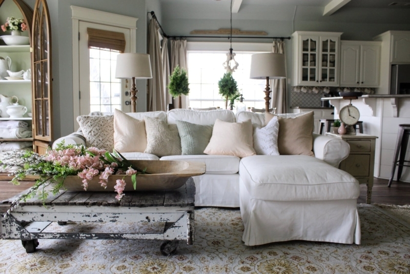 Shabby Chic White Slipcovered Sectional for Farmhouse Living Room Decor