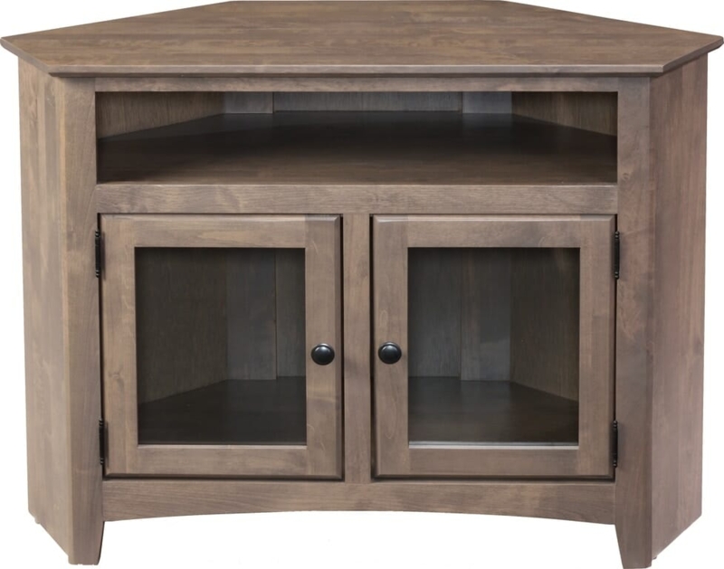 Shaker Corner TV Stand Wood Toned Glass Doors Arched Base Media Console