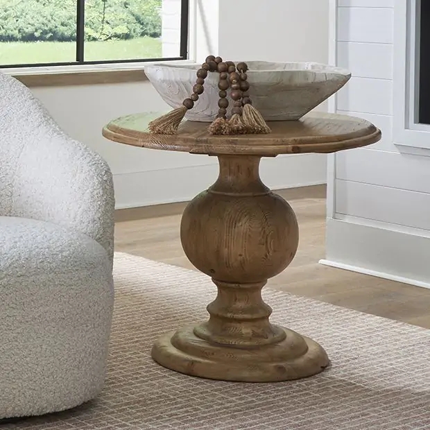 Side Table Bulbous Pedestal Natural Grain Turned Wood Base