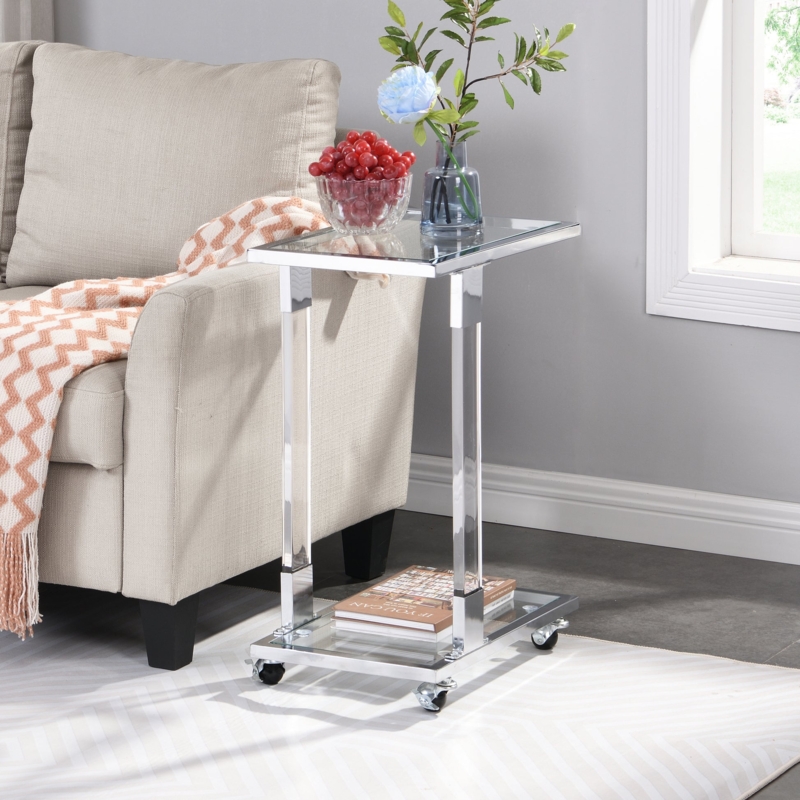 Side Table C-Shaped Square Glass Top Acrylic and Chrome Legs
