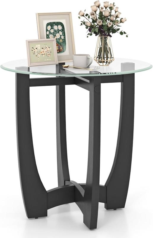 Side Table Curved Black Legs Round Glass Top Round Glass Side Table