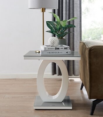 Side Table Curved Grey Pedestal, High Gloss White Top, Glass Inlay.