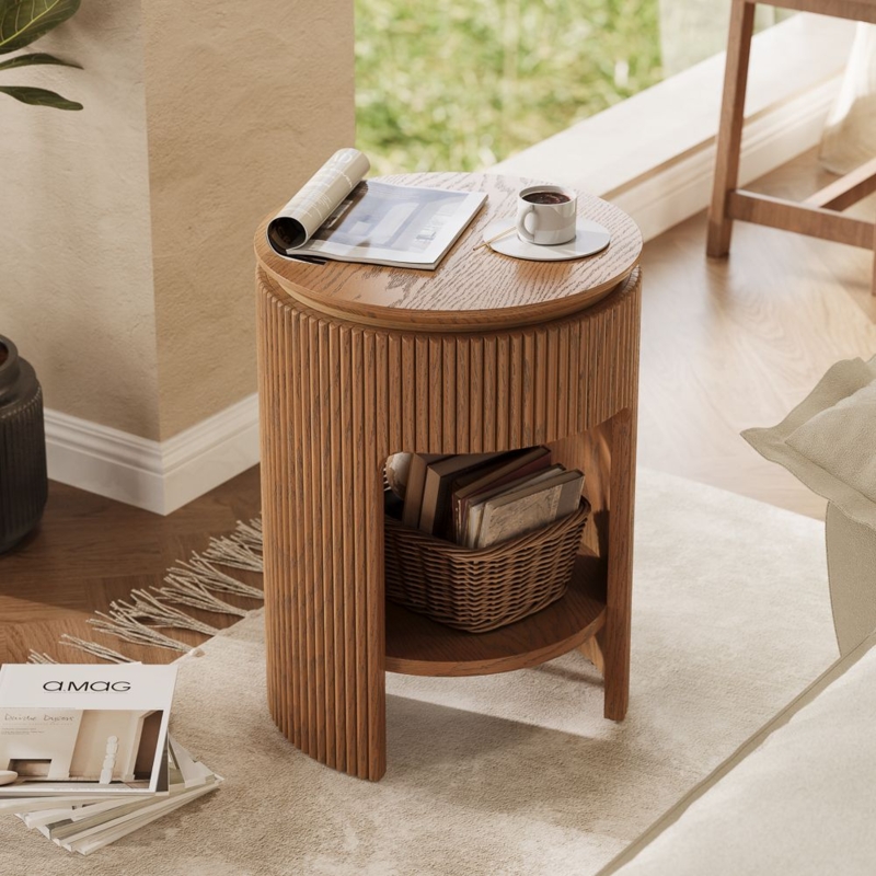 Side Table Cylindrical Storage with Open Shelf and Fluted Sides