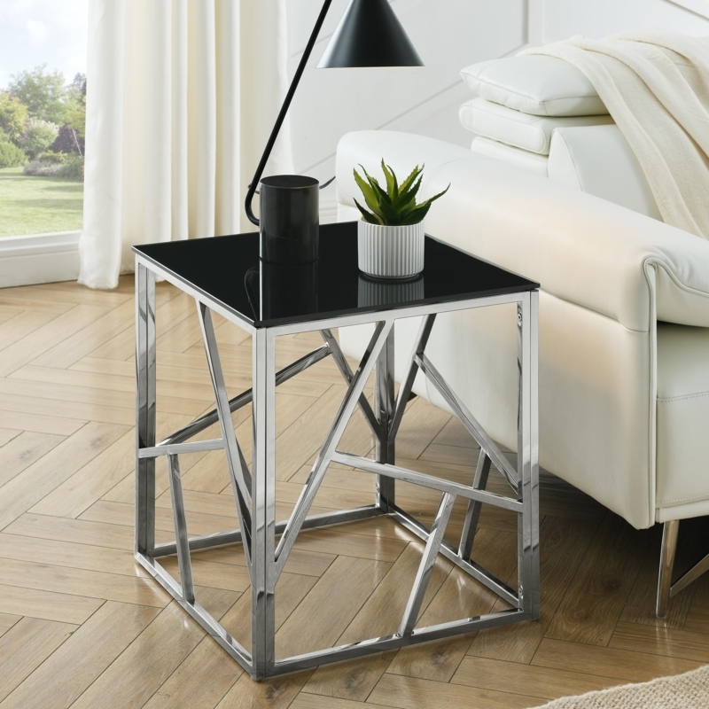Side Table Geometric Metal Base Black Glass Top Modern Square Accent Table