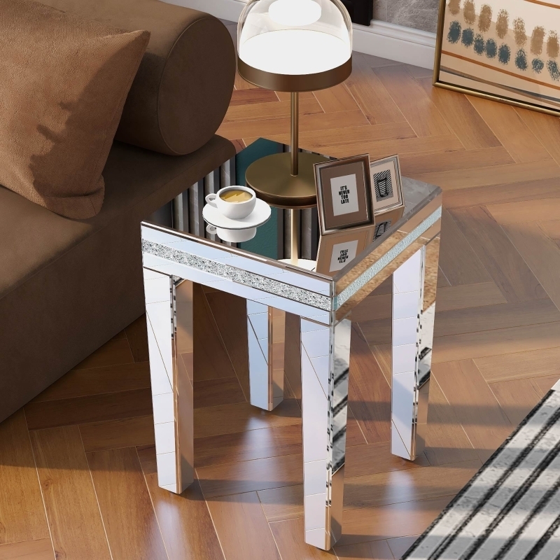 Side Table Glam Crystal Inlay Mirrored Panels Polished Silver Luxury