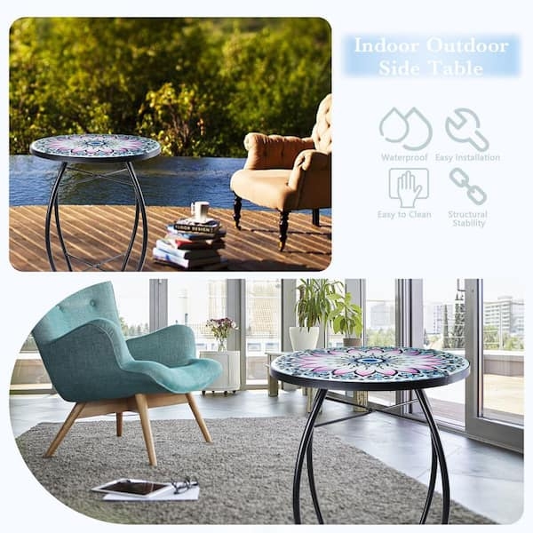 Side Table Indoor Outdoor Use Mandala Pattern Round Boho Table