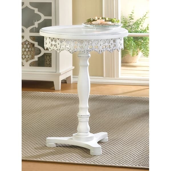 Side Table Lacy Cutout Apron Distressed White Pedestal
