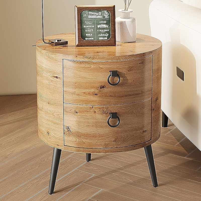 Side Table Natural Wood Two Drawers Black Ring Pulls Tripod Base