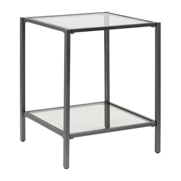 Side Table Pewter Frame Dual Glass Shelves Modern Metal Accent Table
