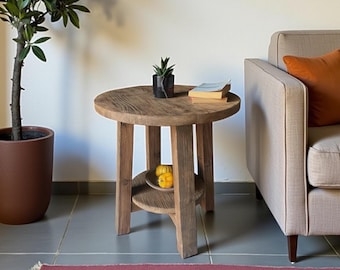 Side Table Reclaimed Look Three-Leg Base Round Rustic Wood with Shelf