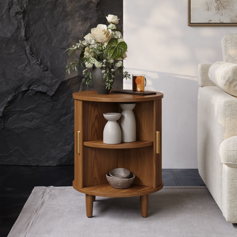 Side Table Round Tambour Door with Three Tier Walnut Storage