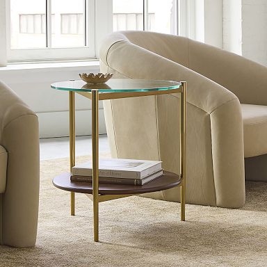 Side Table Round Two Tier with Glass Top and Wood Shelf