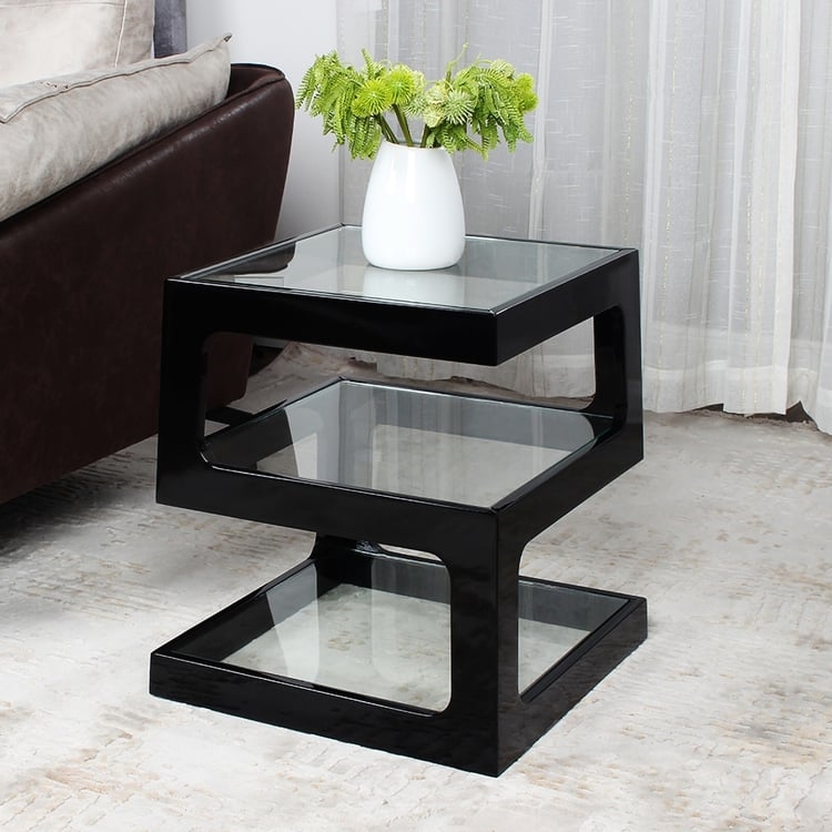 Side Table S-Shaped Black Glossy Frame Glass Shelves