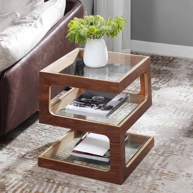 Side Table, S-Shaped Glass, Walnut Finish, 3-Tier Geometric Design