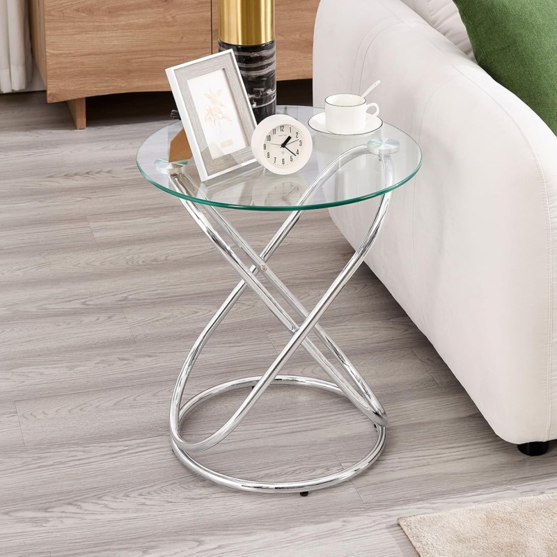 Side Table: Spiral Glass Side Table, Polished Silver Tubular Frame