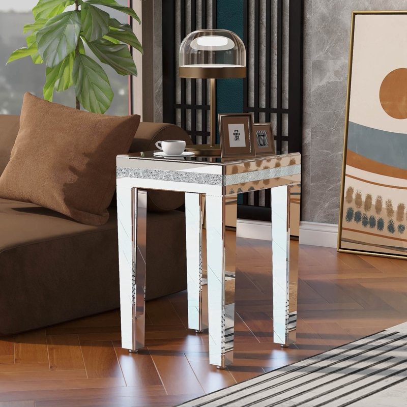 Side Table Square Fully Mirrored with Crushed Crystal Inlay