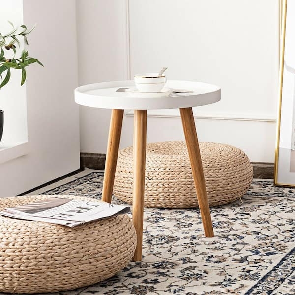Side Table Tray Top White Round Wood Legs Scandinavian