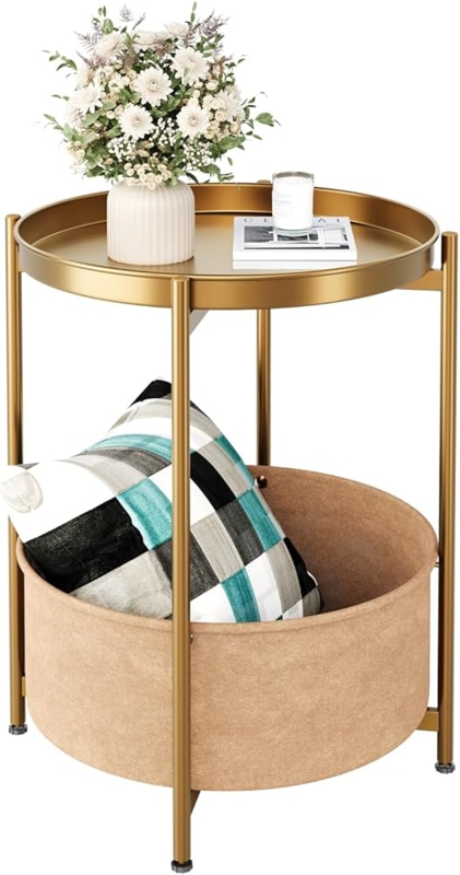 Side Table with Deep Storage Basket and Champagne Gold Finish