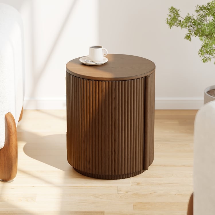 Side Table with Hidden Storage and Ribbed Walnut Fluted Finish