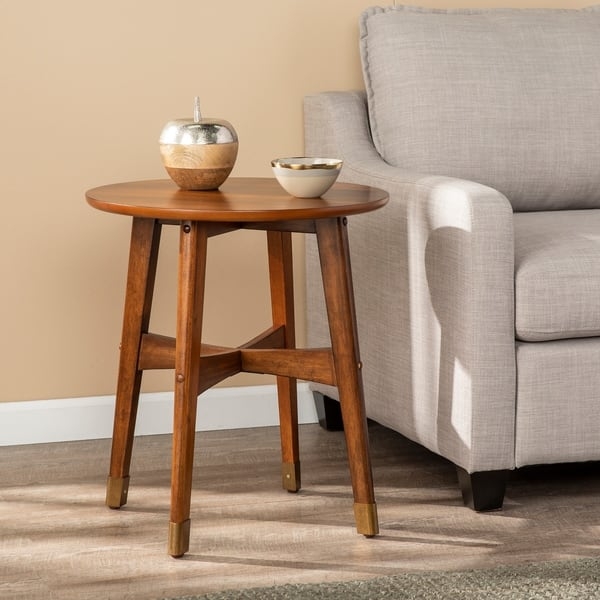 Side Table with Metal Leg Caps & Cross-Brace, Mid Century Wood Table
