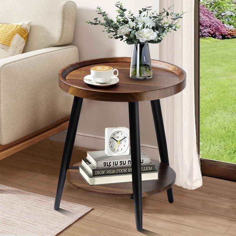 Side Table with Raised Rim & Two Tiers, Mid Century Modern End Table
