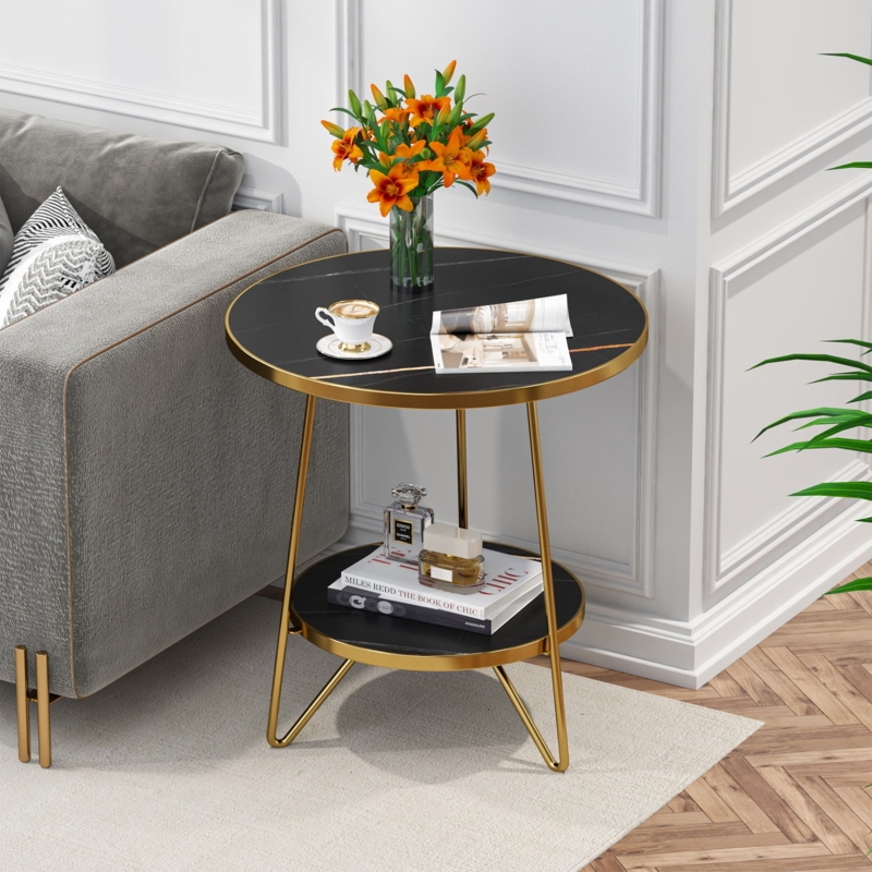 Side Table with Tripod Base and Gold Veining, Modern Gold Side Table