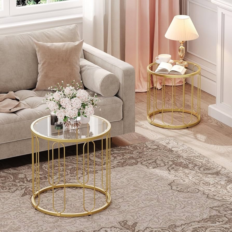 Side Table with Vertical Cage Structure and Glass Top